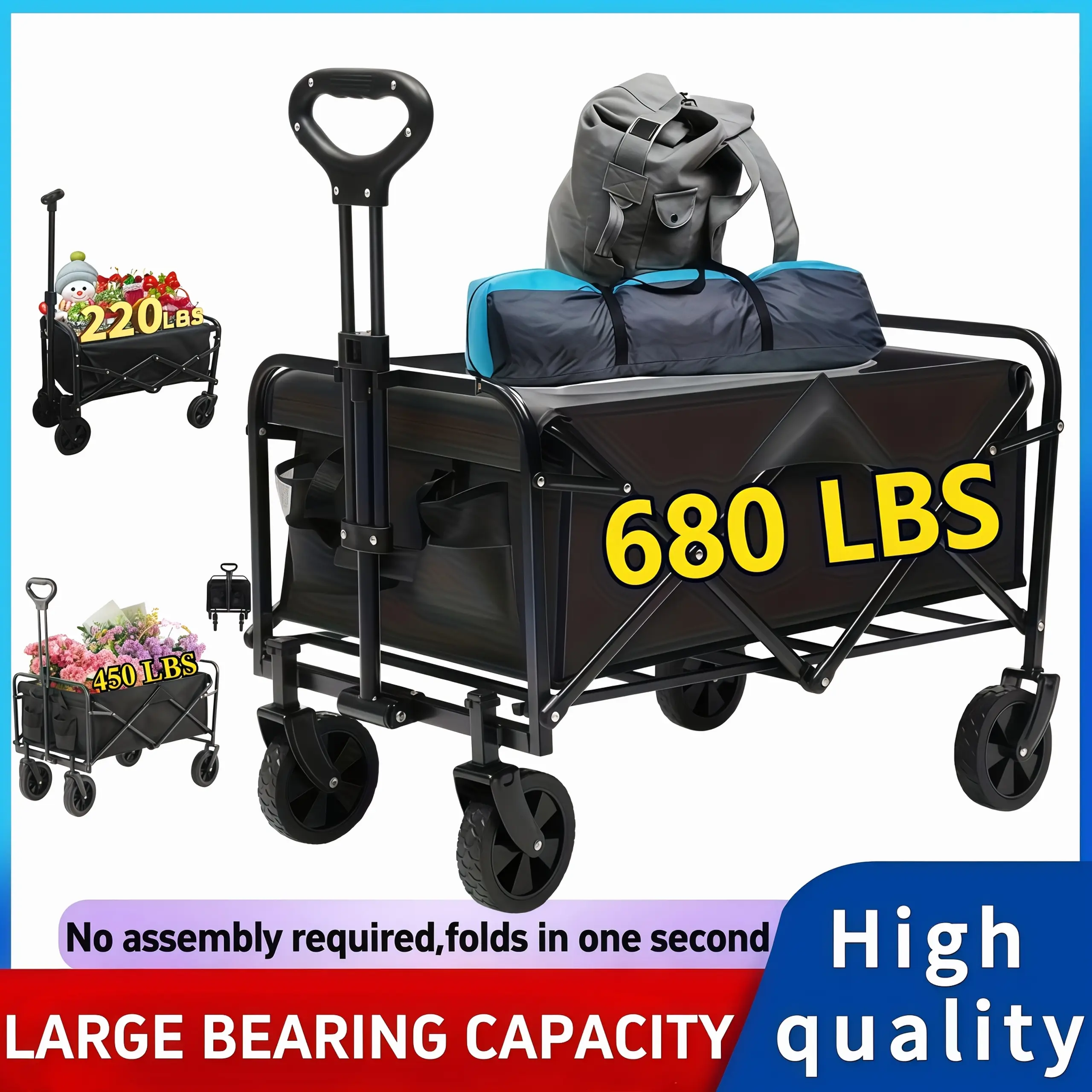 40lbs/220lbs/450lbs/680lbs all-terrain heavy-duty folding cart, extra-large capacity camping cart, suitable for yard shopping/sports/outdoor/gardening equipment transport, black multi-functional utility cart