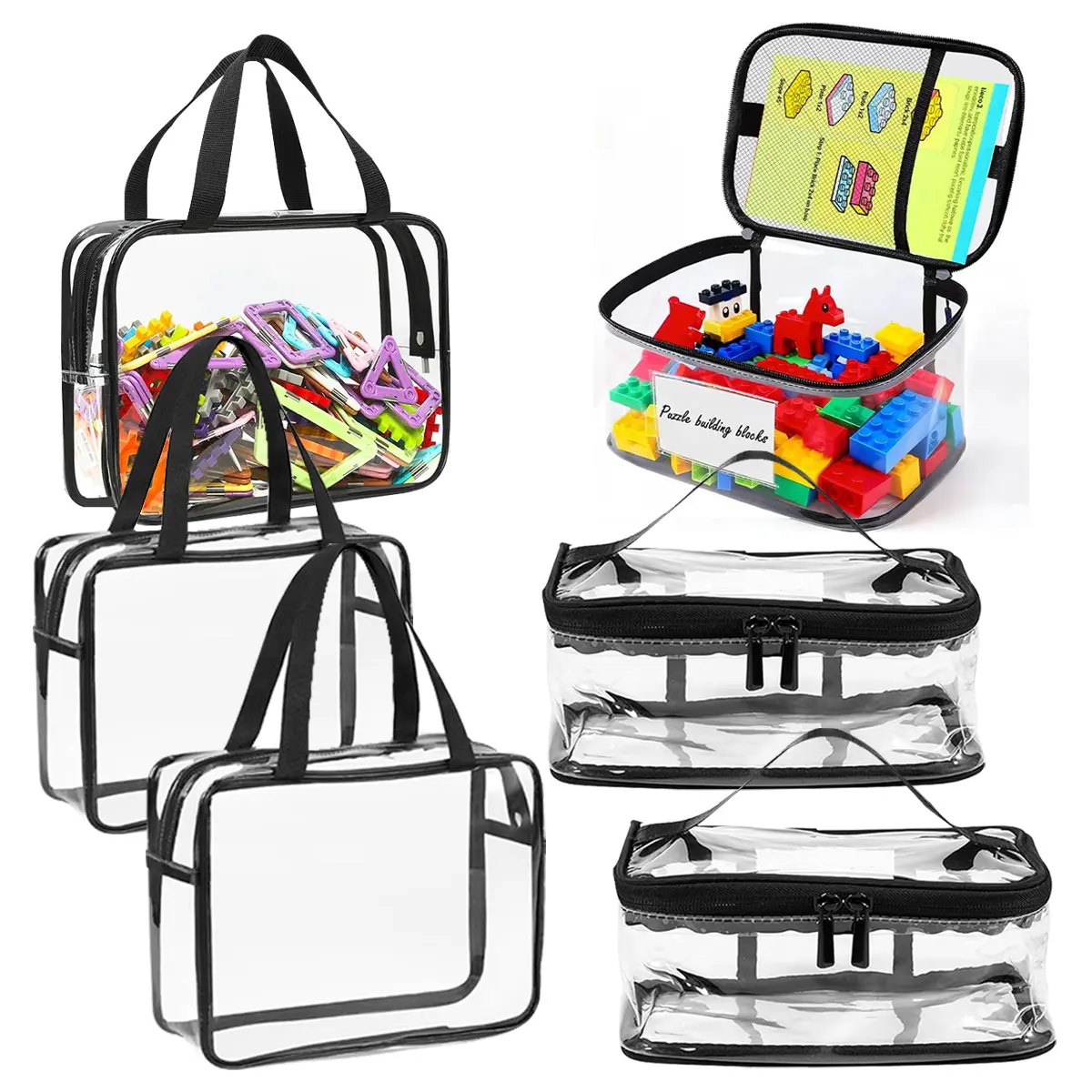Toy Storage Bags - 6 Packs Toy Storage Organizer for Kids, Reusable Clear PVC Board Game Storage with Zipper, Waterproof Travel Bags for Building Blocks, Puzzles