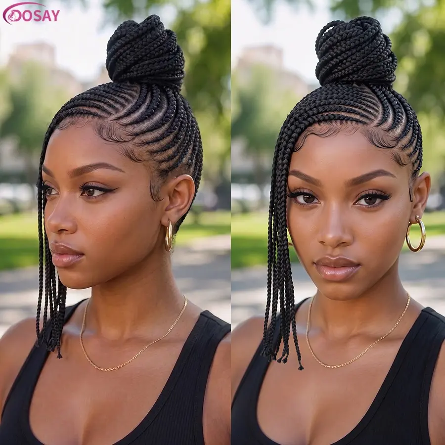 DOSAY Synthetic Cornrow Braided Wigs For Women High Ponytail Updo Bantu Knot Braids Full Lace Braided Hair Wig Daily Party Hairstyle