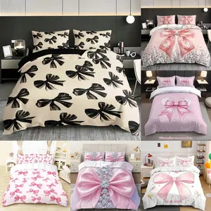 Bow Bedding Set 3-Piece, Soft Bedding Sets, Black Bow Bedspread Suitable for Teen and Adult Room Decor, Soft Watercolor Bow Bedspread Set