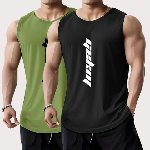 Men's 2-Pack Fitted Round Neck America Jersey Style Workout Set - Polyester Breathable Letter Print Sleeveless Tank Tops, Ideal for Training, Outdoor Running, Father's Day Gift, No