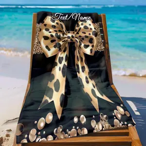 1pc Black Bow with Leopard Print Custom Name Beach Towel-Soft, Ultra-Absorbent Microfiber, Lightweight, Perfect for Beach, Parties, Travel, Campin-55x27in/63x31in, Beach Accessories|Artistic Beach Towel|Ultraabsorbent Fabric, Beach Towel 2d Flat, 2D
