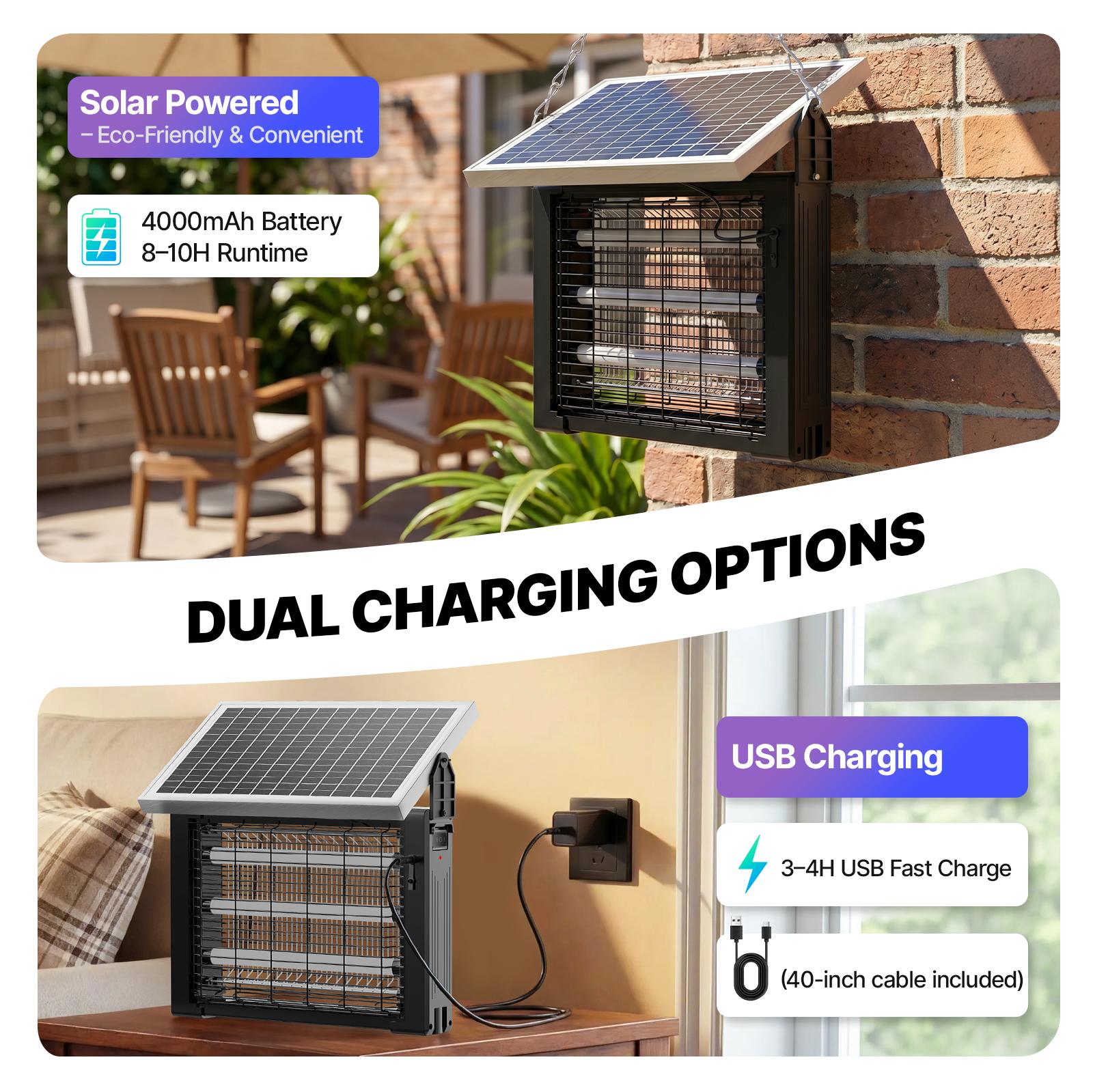 OGERY 3500V Solar Bug Zapper, High Power Cordless Mosquito Zapper with Smart Light Sensor, Dual Solar & USB Rechargeable Insect Killer for Patio, Garden, Backyard, Outdoor Use #Summervibes