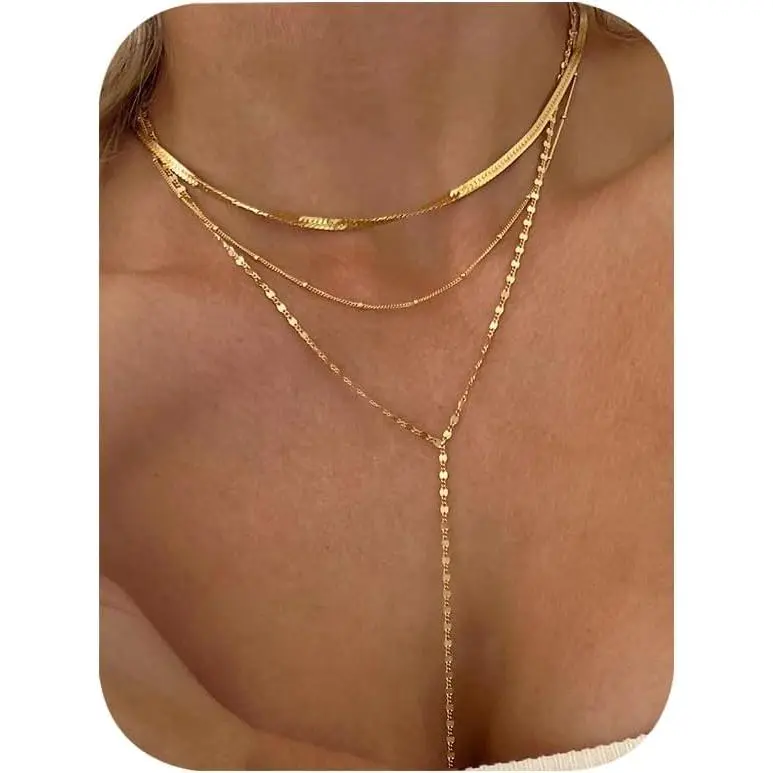 Lariat Gold Long Necklaces for Women Trendy, Dainty 14K Gold Plated Drop Chain Necklace, Layered Rosary Beaded Y Necklaces Simple Fashion Jewelry GiftsGift