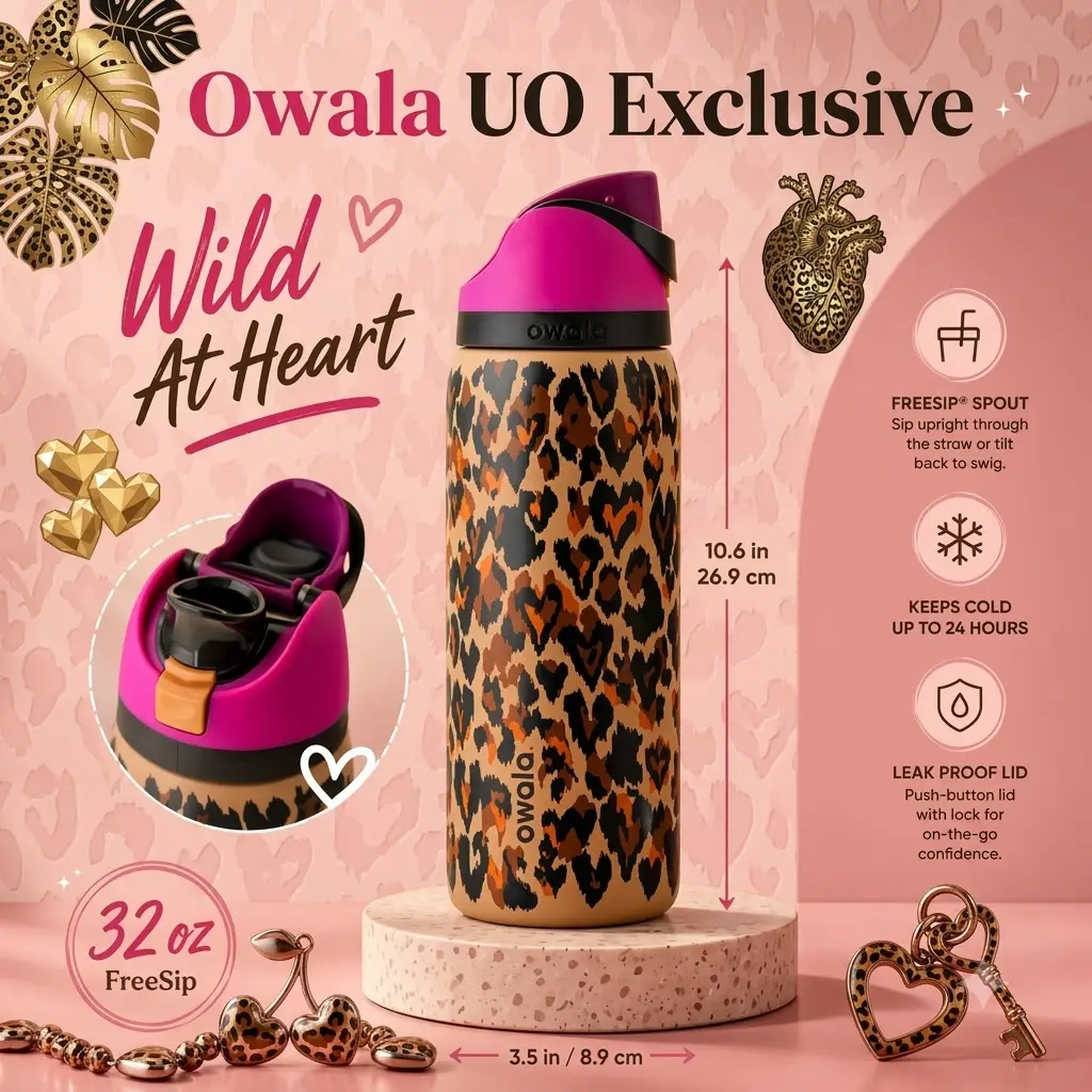 Owala Wild at Heart 32oz FreeSip – Stylish Leopard Print Stainless Steel Water Bottle with Straw Lid