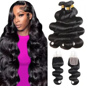 Brazilian Body Wave Bundles with Closure Virgin Human Hair 3 Bundles with 4x4 Lace Closure for Sew in
