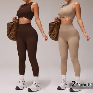 Women's Crew Neck Letter Printed Sleeveless Seamless Top & Legging Set, Womenswear Casual Sporty Style Clothes, Nylon & Spandex Fabric