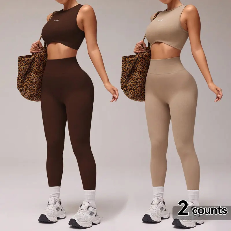 WAKYME Women's 2-Piece Crew Neck Letter Printed Seamless Activewear Set - Sleeveless Top & Shorts, Nylon-Spandex Fabric, Gym Training Outfit, Athleisure Lounge Set, Crew Neck Sportswear