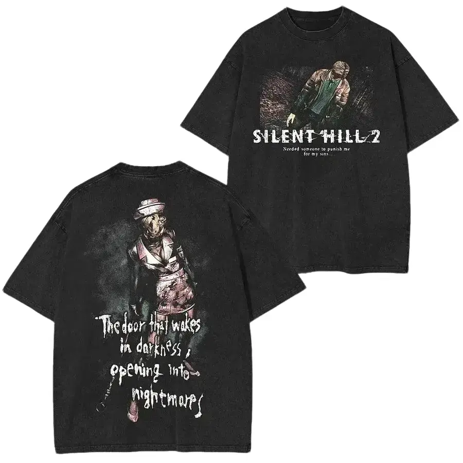 Vintage Washed Silent Hill 2 Bubble Head Nurse Graphic T-Shirt | Heavyweight Cotton Oversized Tee | Survival Horror Game Merch Acid Wash Unisex Retro Y2K Dark Streetwear James Sunderland Trending Summer Menswear