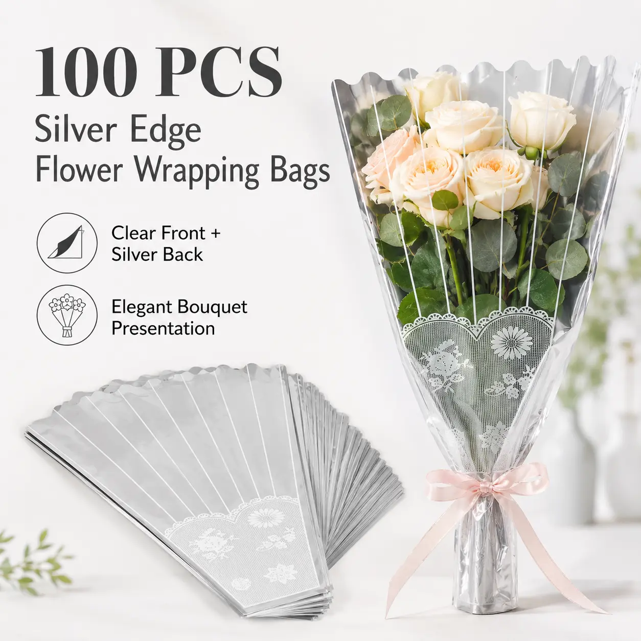 100 Pack Flower Wrapping Bags, Elegant Clear Bouquet Sleeves with Silver Edge Design, Floral Gift Packaging for Roses, Tulips, Mixed Bouquets & DIY Arrangements