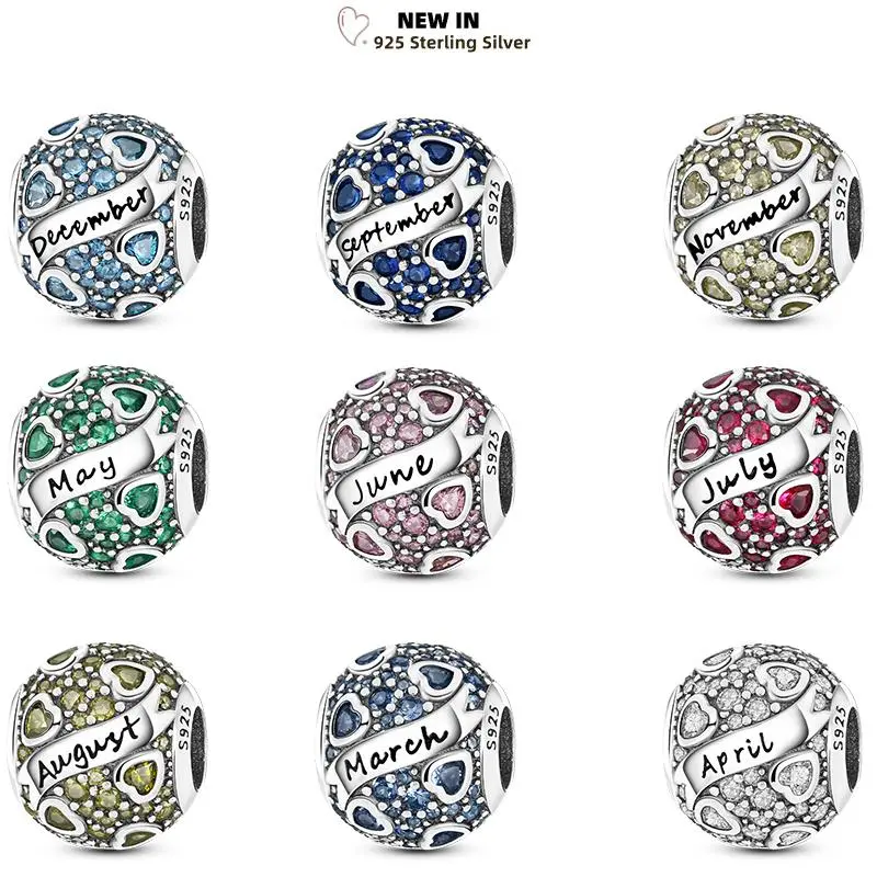 Twelve Months Birthstone Circle Colored Zircon Heart Charms 925 Silver Pink Blue Fit Original Dangle Bracelet Beads DIY Jewelry
