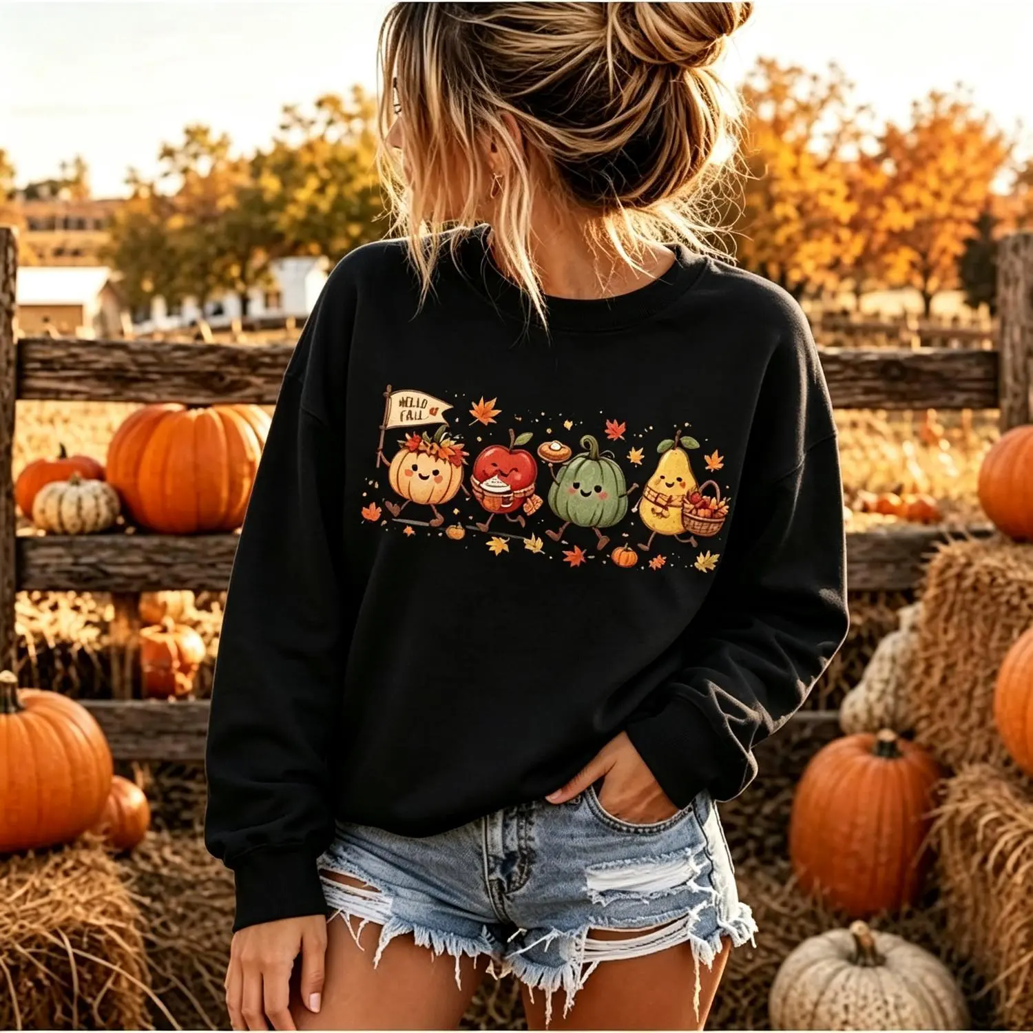 Halloween Pumpkin Graphic Crew Neck Sweatshirt Thankful Hello Fall Pullover Cozy Fall Sweatshirt Autumn Holiday Party Costume Tee Style
