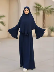 Women's Solid Long Sleeve Abaya with Hijab Set, Modest Fashionable Two-piece Outfits for Women, Modesty Muslim Clothing, Women's Islamic Clothing for Daily Wear