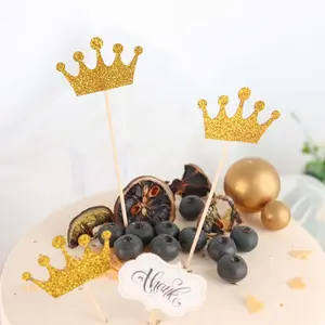 24-Pack Cupcake Topper Picks 5" Royal Crown Design Glitter Gold - Party Cake Toppers