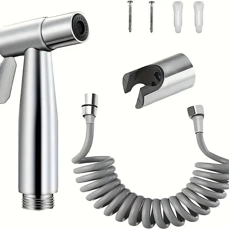 Stainless Steel Handheld Bidet Sprayer, 1 Set Including Bidet Head & Hose & Holder, Bathroom Shower Equipment for Home Use, Handheld Toilet Bidet, Modern Bidet Sprayer