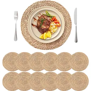 13.8'' Round Woven Placemats Set of 12, Boho Rattan Chargers for Dinner Plates, Rustic Wicker Place Mats, Straw Braided Table Placemats, for Dining Table Decor, Wedding, Farmhouse and Home Decor