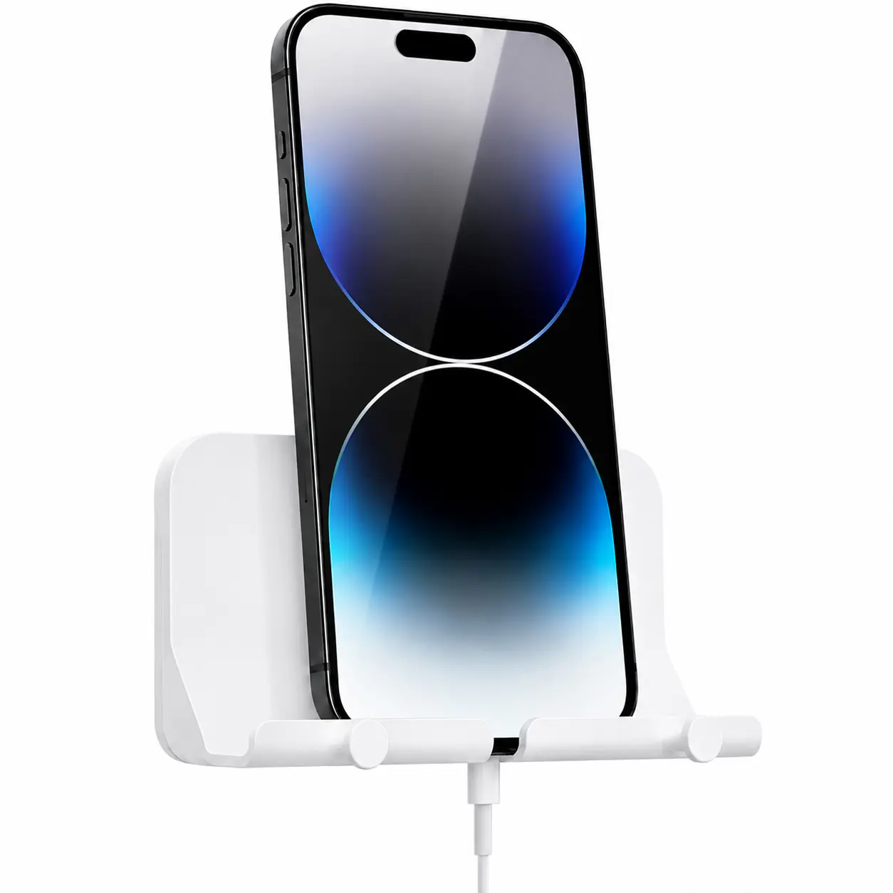DECOBAY D2 Wall Mount Phone Holder, Self-Adhesive Wall Organizer with Charging Cable Hole, Holds iPhone, Android Phones, Keys, Charging Cables & Small Accessories for Bathroom, Shower, Kitchen, RV & Home