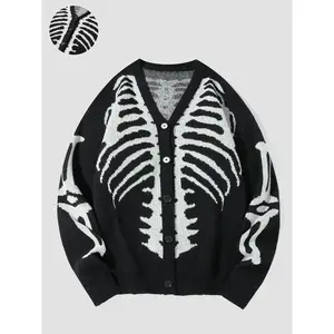 Halloween outfit ideas, men’s skeleton print cardigan with front buttons, regular fit casual drop-shoulder long-sleeve V-neck knitwear for fall and winter, men’s knit clothing for everyday wear, Halloween costumes