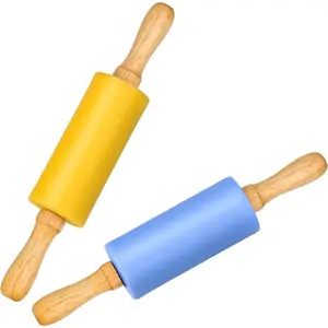 Mini silicone rolling pin for kids, non-stick surface, wooden handle, 9 inches, 2-pack