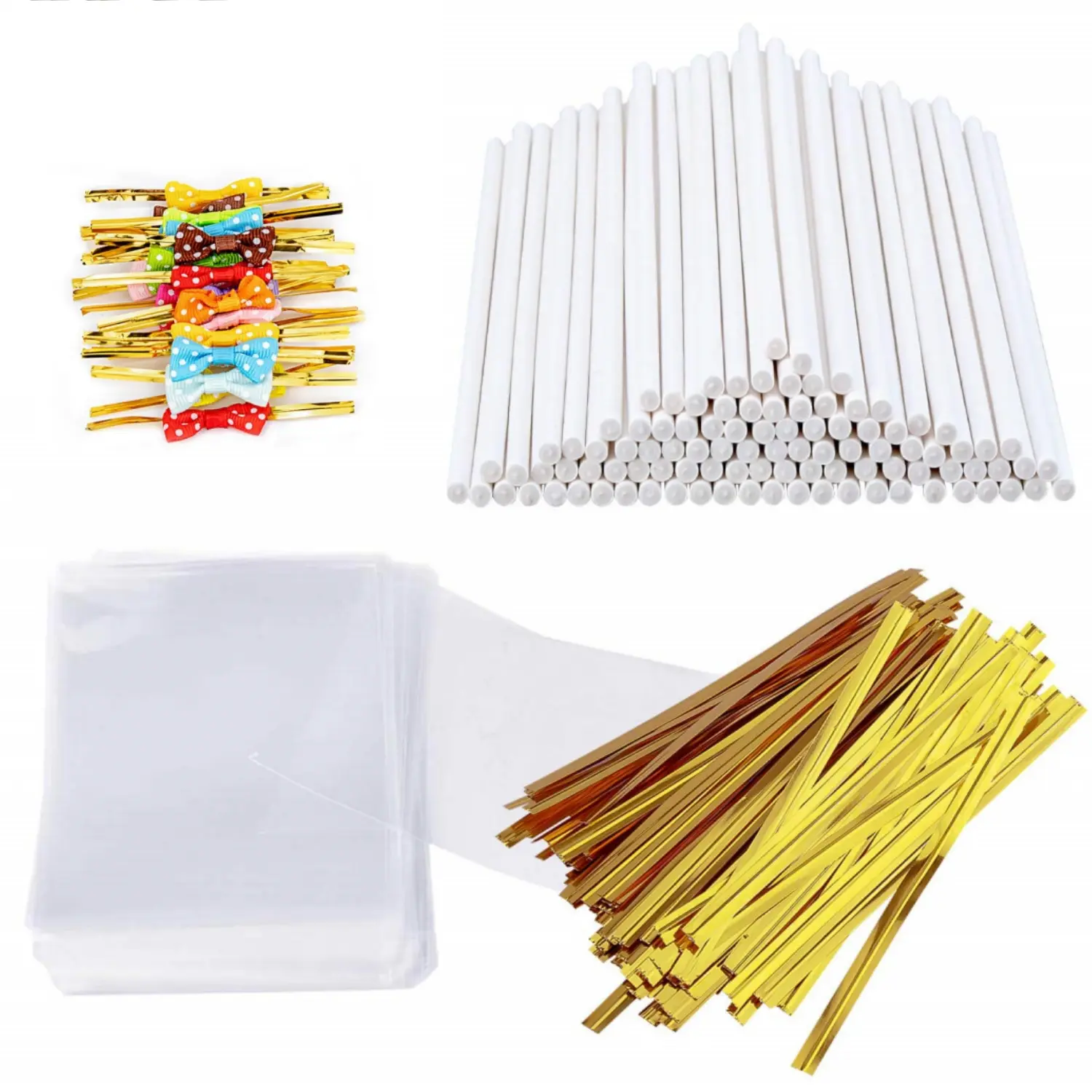700 Pack Cake Pop Sticks and Wrappers Kit, Including 200 6-inch Paper Lollipop Sticks, 200 Clear Candy Treat Bags Parcel, 200 Gold Twist Ties for Cakepop & 100 Gold Twist Ties with Bow, Lollipop, Hard Candy, Suckers, Chocolate