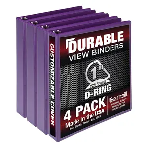 Durable 1 Inch 3 Ring Binder, Made in USA, D Ring Binder, FSC 100% Recycled Chipboard, Purple, 4 Pack