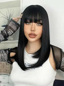 16 Inch Shoulder Length Straight Layered Wig With Pre Cut Bangs, Heat Resistant Synthetic Full Wig, Natural Black/613 Blonde/Brown Multi Colors, Full Volume Lightweight Soft Hair Wigs, Glueless Easy Wear Fashion Wig For Women Daily Party Dating