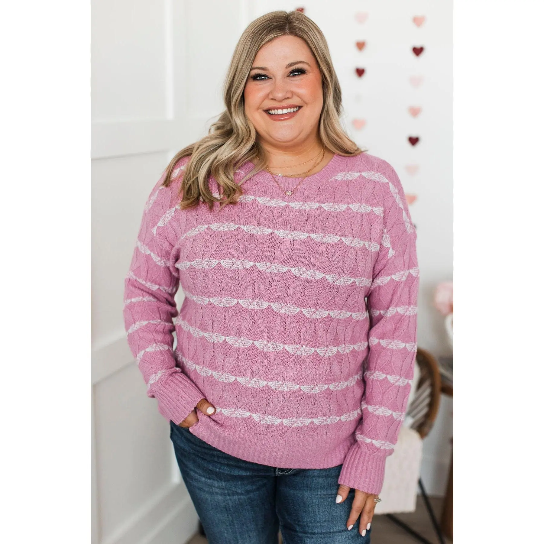 Women's Light Pink Pullover Sweater with a Scalloped Stripe Print, Soft Ribbed Knit Fabric Tops with Drop Shoulder Sleeves, Knitwear, Fit