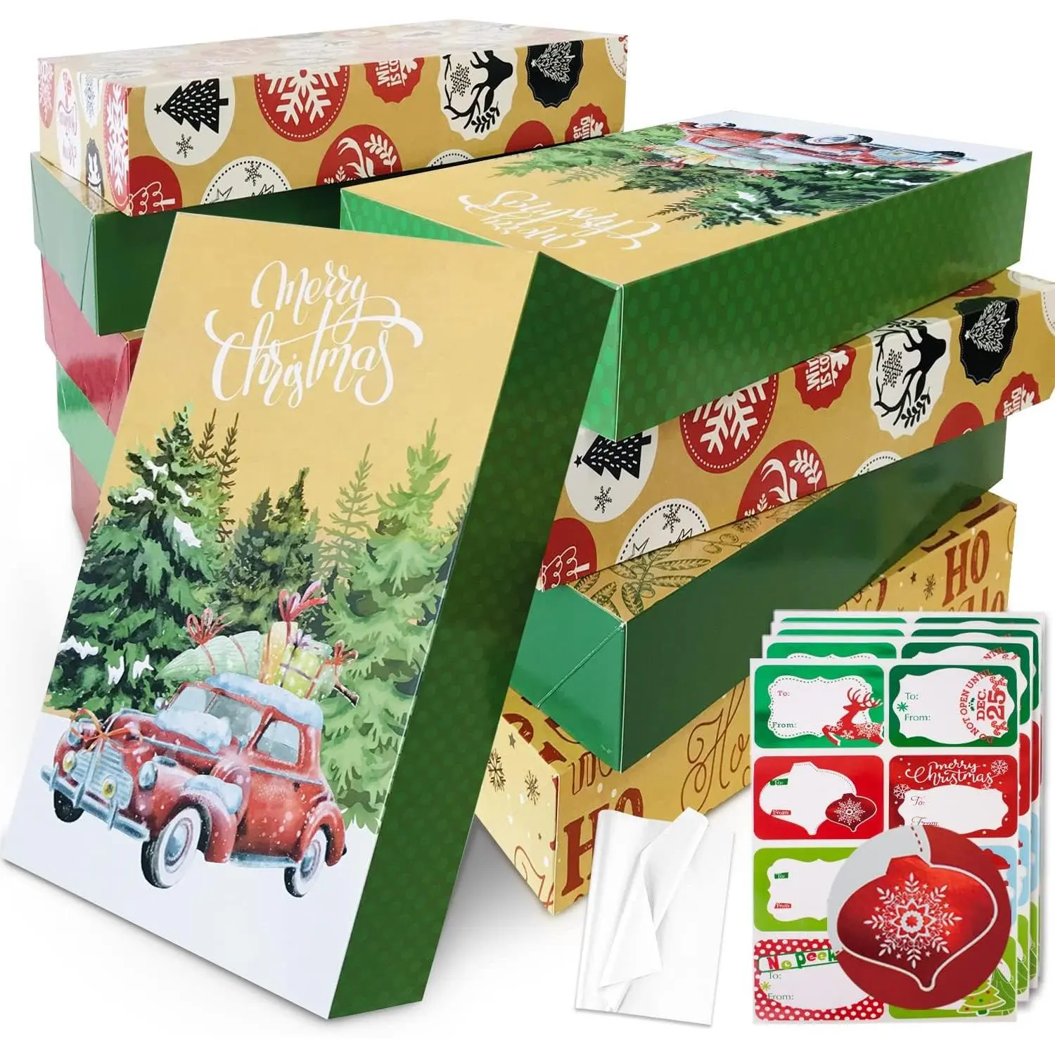 12 Large Christmas Gift Wrap Boxes bulk with Lids, 12 tissue paper and 80 Count Foil Christmas Tag Stickers for wrapping oversized Clothing (Robes, Sweater, Coat, Shirts) and Xmas Holiday Present