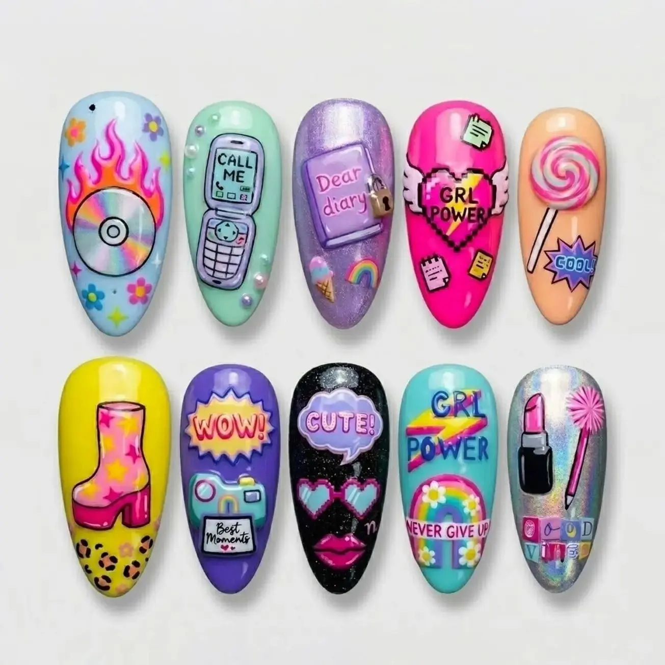 Handcrafted 3D Y2K Pop Culture Press On Nails, Playful Nostalgic Icon Luxury Nail Set, Nails For Girl Power & Retro Street Style Vibes