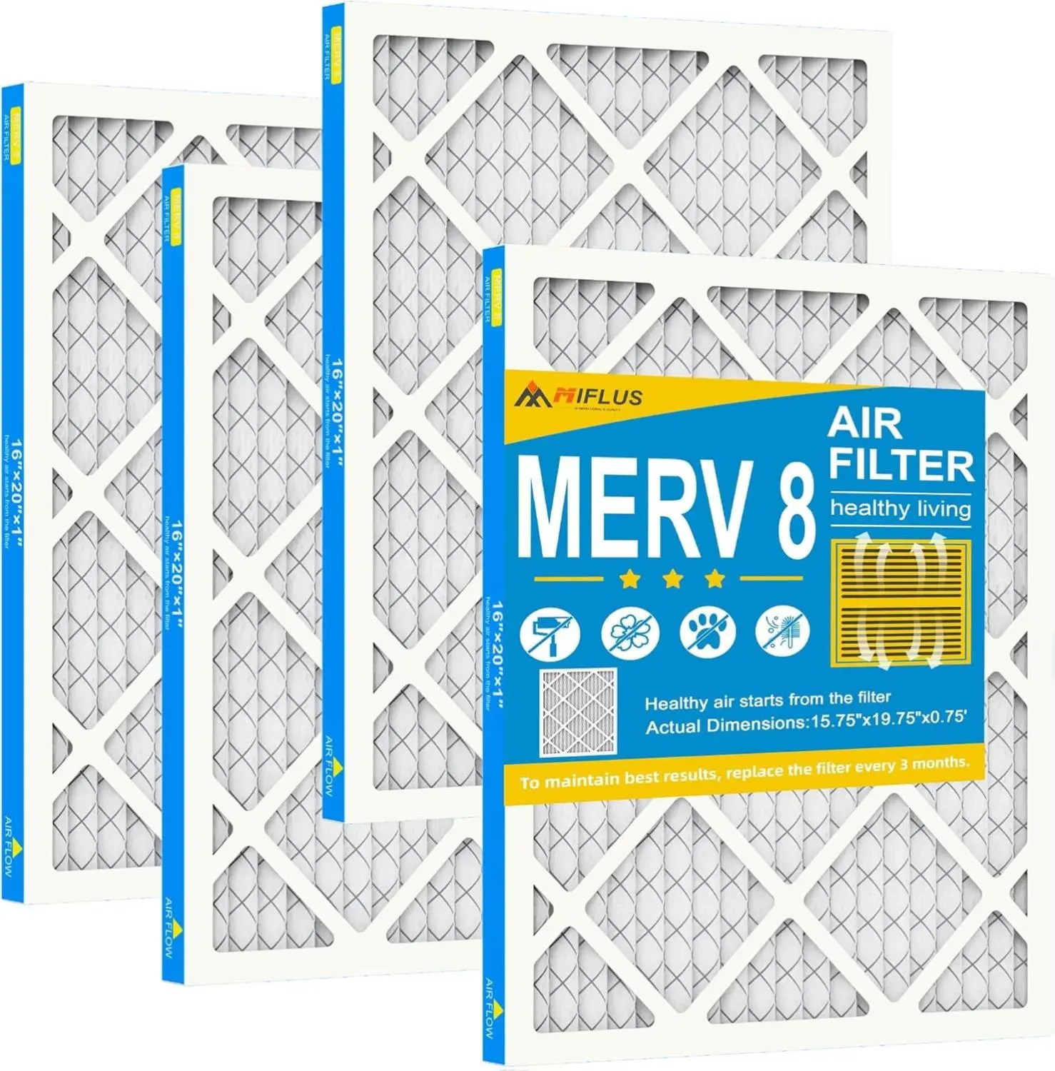 16x20x1 MERV 8 Furnace Air Filter, 4 Pack, Dust Defense & Long-Lasting Pleated Filter for HVAC System