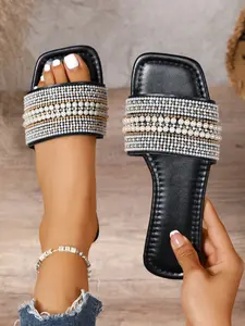 Fashionable Beaded Decorated Slides, Casual Comfortable Flat Slippers for Beach, Lightweight Comfortable Slides for Indoor & Outdoor Wear, Walking Shoes
