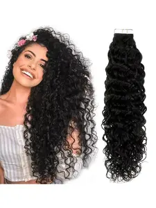 Water Wave Tape in Brazilian Human Hair Extensions, Medium Length Curly Tape in Hair, Natural Water Wave, Full Head 20 Pcs/lot 50g, Skin Weft