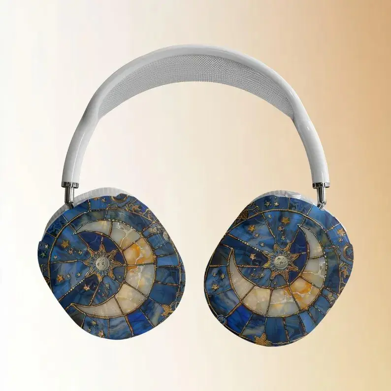 Celestial Stained Glass Aesthetic Case Cover Compatible with AirPods Max - Gold Sun & Crescent Moon Mosaic Protective Hard Shell - 2D Flat Print Smooth Surface