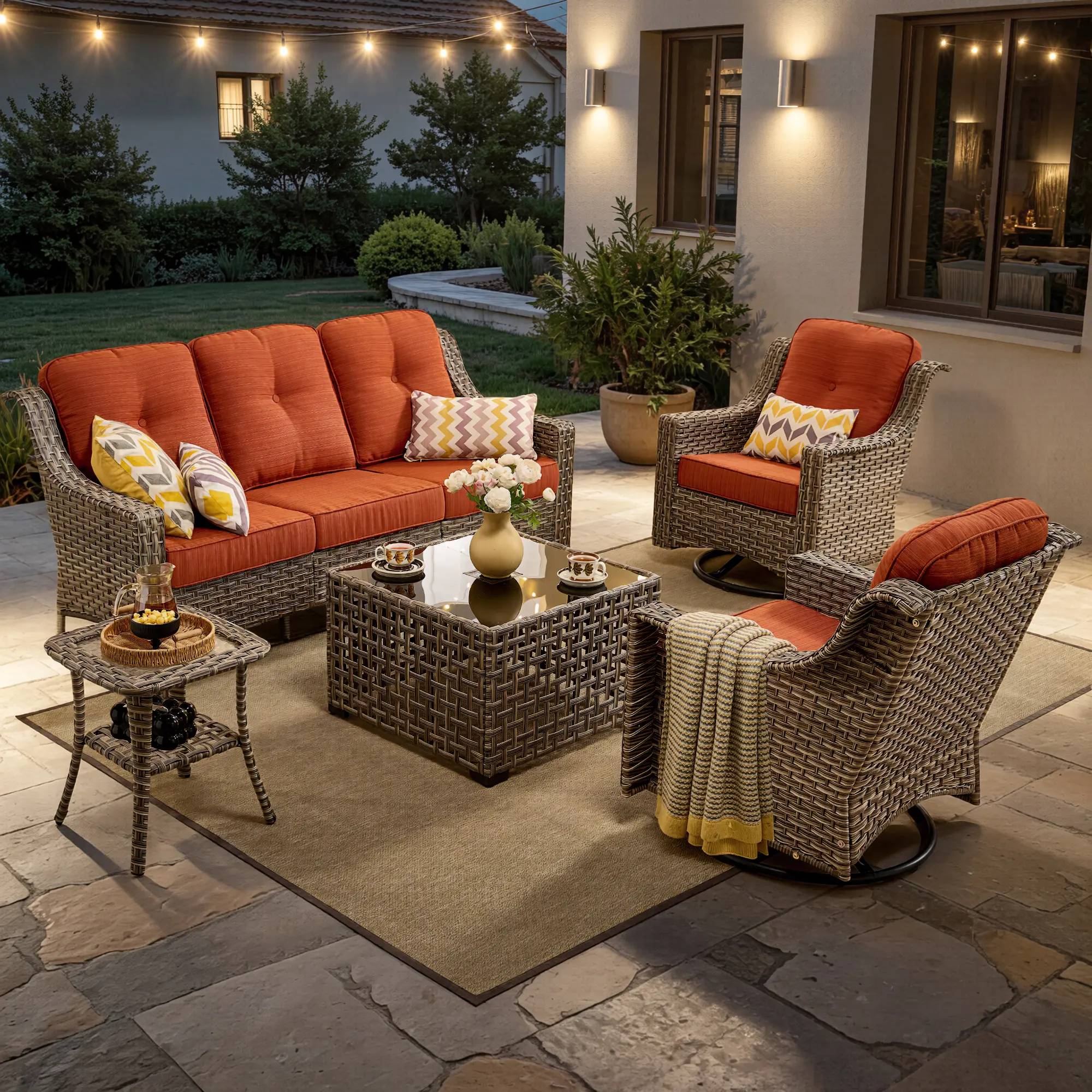 XIZZI 5-Piece Modern Patio Set, Outdoor Furniture with High-Back Swivel Rocker Chairs & Solar-Powered Coffee Table, Garden Conversation Set for Gatherings, Garden Conversation Sets