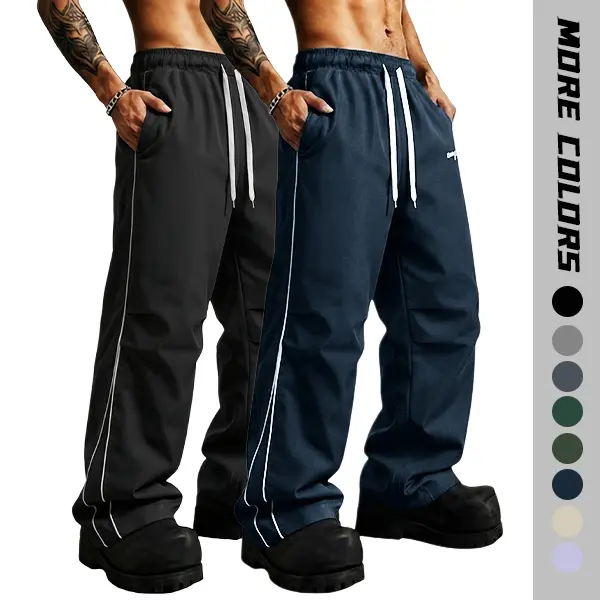 Men’s two-pack drawstring long pants with side contrast lines – loose, slightly flared casual pants suitable for streetwear, daily commuting, and light jogging.