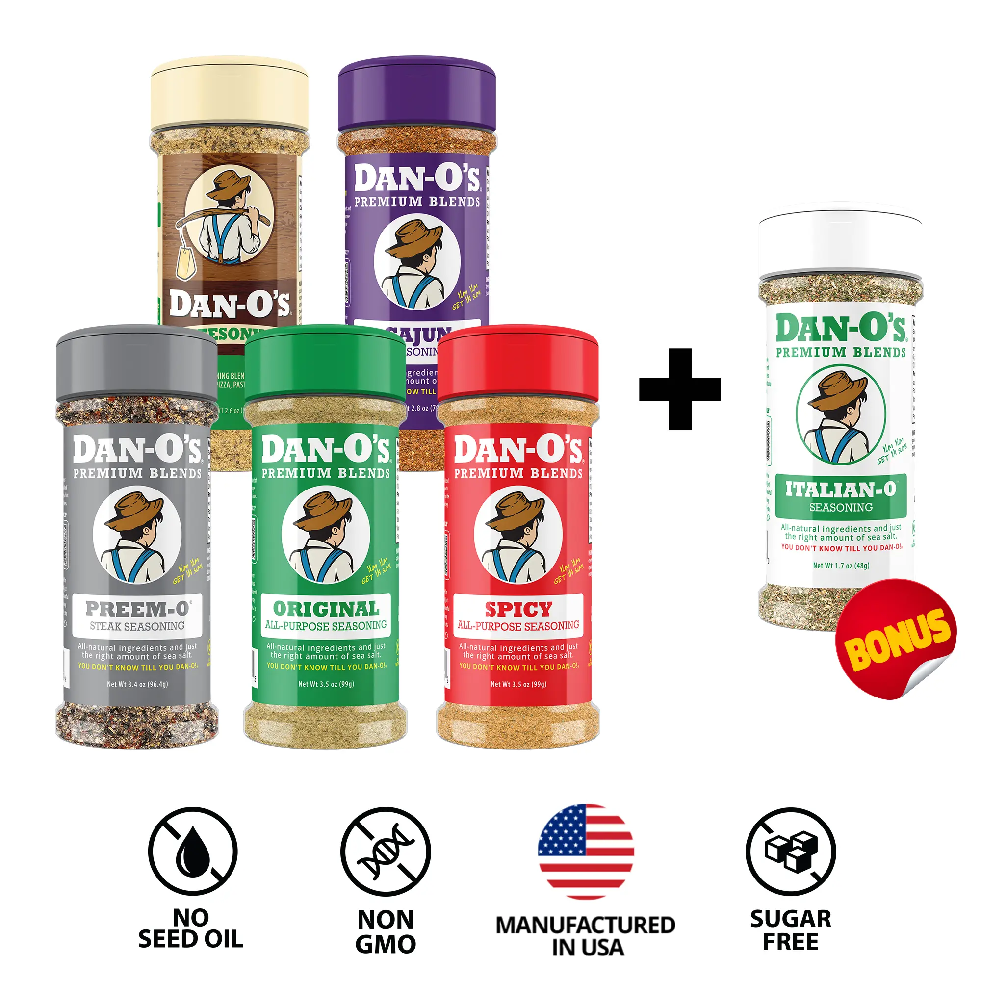 Dan-O's Favorite Sampler Pack - Small 5 bottle combo - Original, Cheesoning, Spicy, Preem-O, Cajun + FREE Italian-O Dan-O's Favorite Sampler Pack - Small 5 bottle combo - Original, Cheesoning, Spicy, Preem-O, Cajun + FREE Italian-O