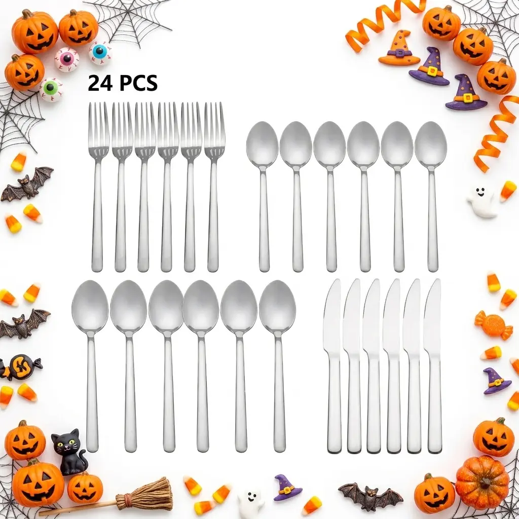 24PCS Solid Stainless Steel Cutlery Set for 6 - Bend-Resistant, Smooth Rounded Handle, Mirror & Seamless Polished Surface, Dishwasher Safe, Tableware for Daily Family Meals & Wedding Banquets