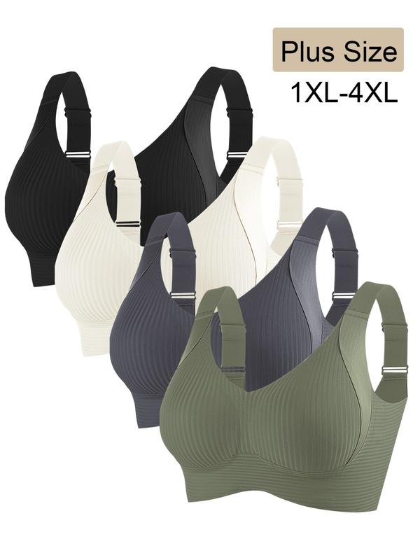 4 Pack Plus Size No Underwire Bras, Wireless Tank Bra, Soft Medium Support Wide Shoulder Straps, Casual Daily Comfort, Plain Pattern, Lined