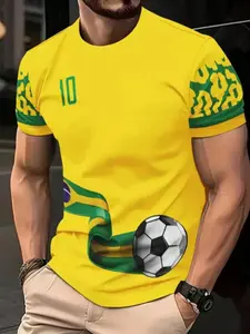 Brazil Team No. 10 Football Theme Trendy Short Sleeve T-Shirt Men, Fashion Sport Graphic Top, Athletic Apparel, Casual Fitted Long Clothing