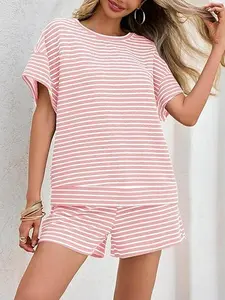 Aoysky Womens Pajama Sets Striped 2 Piece Lounge Sets Short Sleeve Oversized T Shirts Drawstring Shorts Matching Set,summervibes