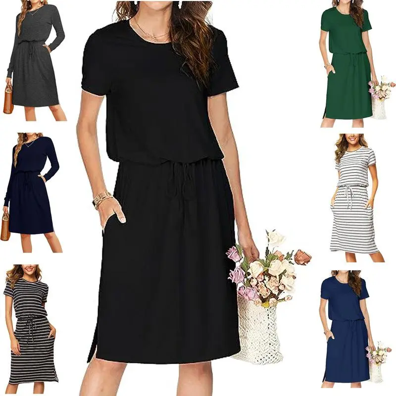 Womens Summer Hide Belly Knee Length Travel Dress Pocket Spring Short Sleeve Midi Work Casual Teacher Outfits