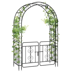 Garden Arbor, 84" No Dig Heavy-Duty Metal Archway with Lockable Gate for Climbing Plants, Roses, Vines, Decorative Outdoor Garden Arch Trellis for Wedding, Party, Pathway, Ceremony