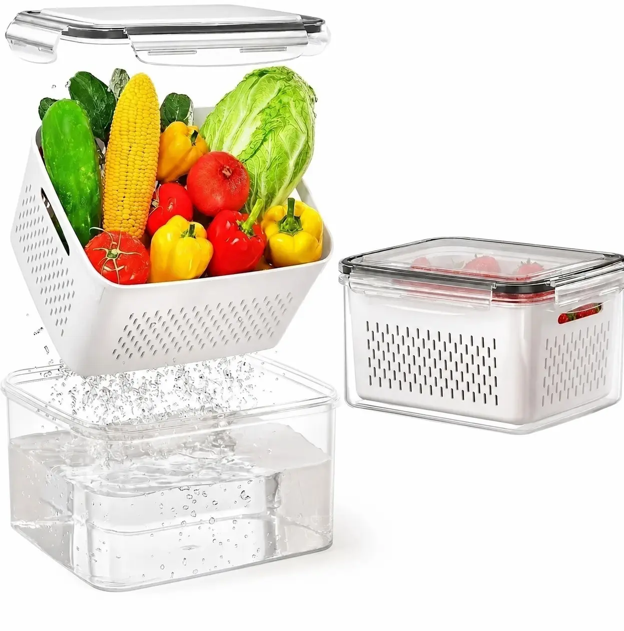 Detachable Colander Refrigerator Organizer, Sealed Lidded Food Storage Bin, Multi-Purpose Container For Fruits, Veggies And Fresh Meat