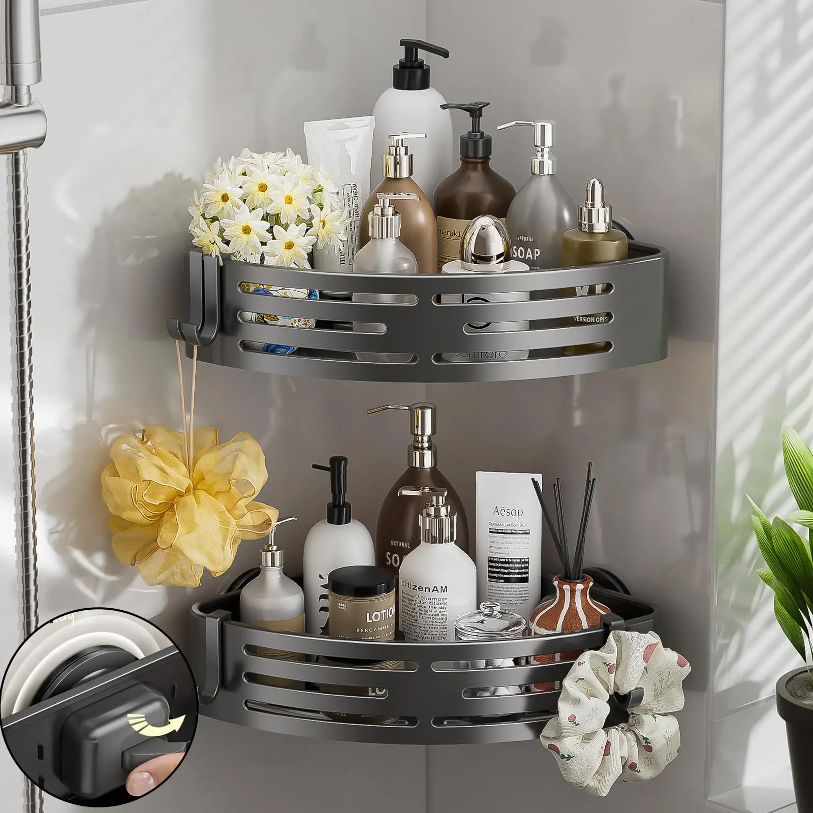 FEELSO 2 Pack Corner Shower Caddy Suction Cup,Shower Shelves with Hooks,No Drilling Powerful Suction Bathroom Organizers and Storage,Removable Waterproof Rustproof Shower Bathroom Accessories Decor