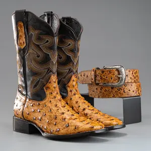 Men's Western Boots: Combo Ostrich Print Square Toe Cowboy & Rodeo Boots