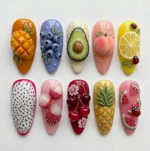 Tropical Summer Fruit Press On Nails 3D Mango Avocado Peach Dragon Fruit Art