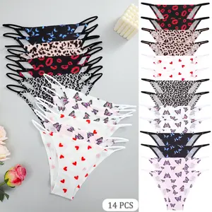 FINETOO 14 Pack Seamless Print Low Rise Thongs for Women Comic No Show Comfortable Bikini Soft Breathable Womenswear