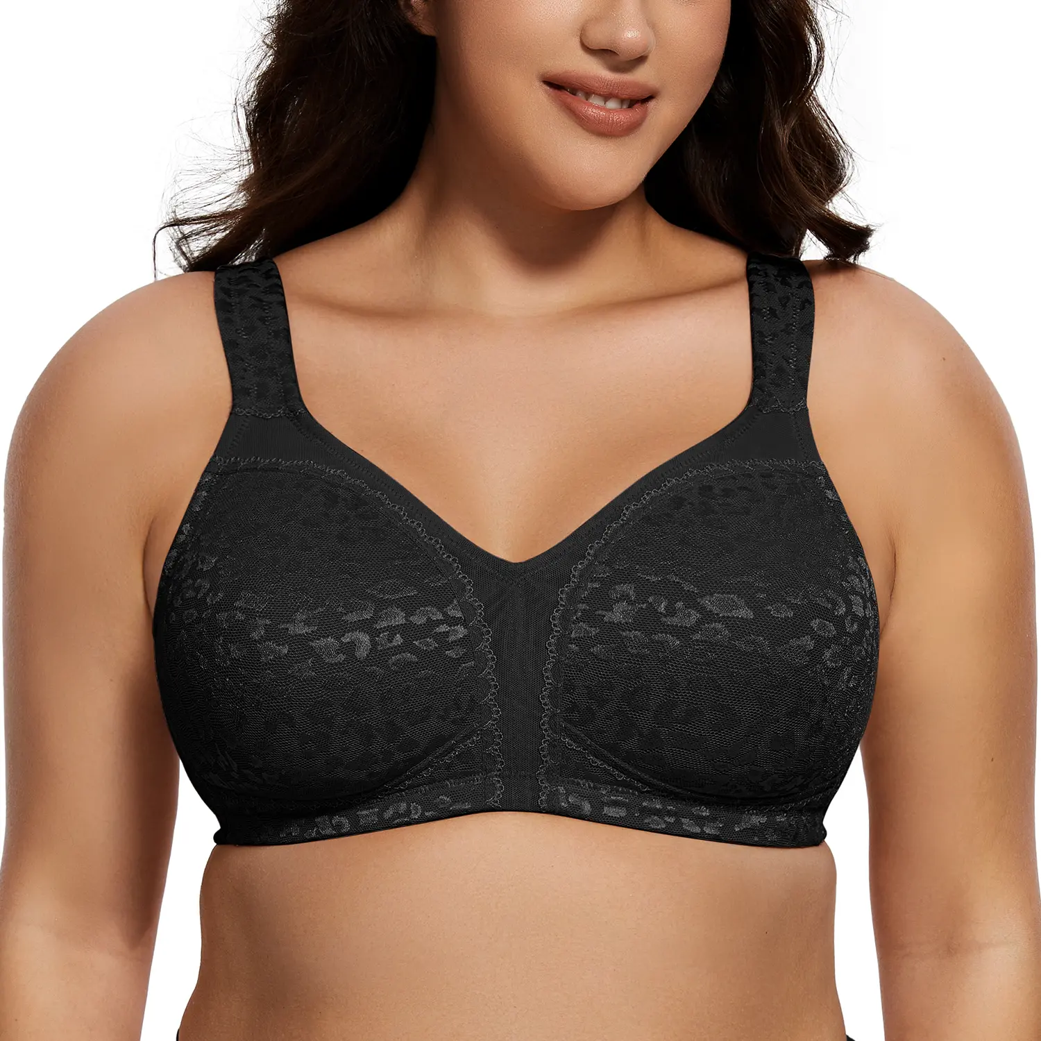 Deyllo Women's Full Coverage Plus Size Wirefree Non-Padded Minimizer Bra - 2 Patterns, Comfortable Everyday Womenswear, Minimizer Bra For Women, Black Bra, Lingerie For Women