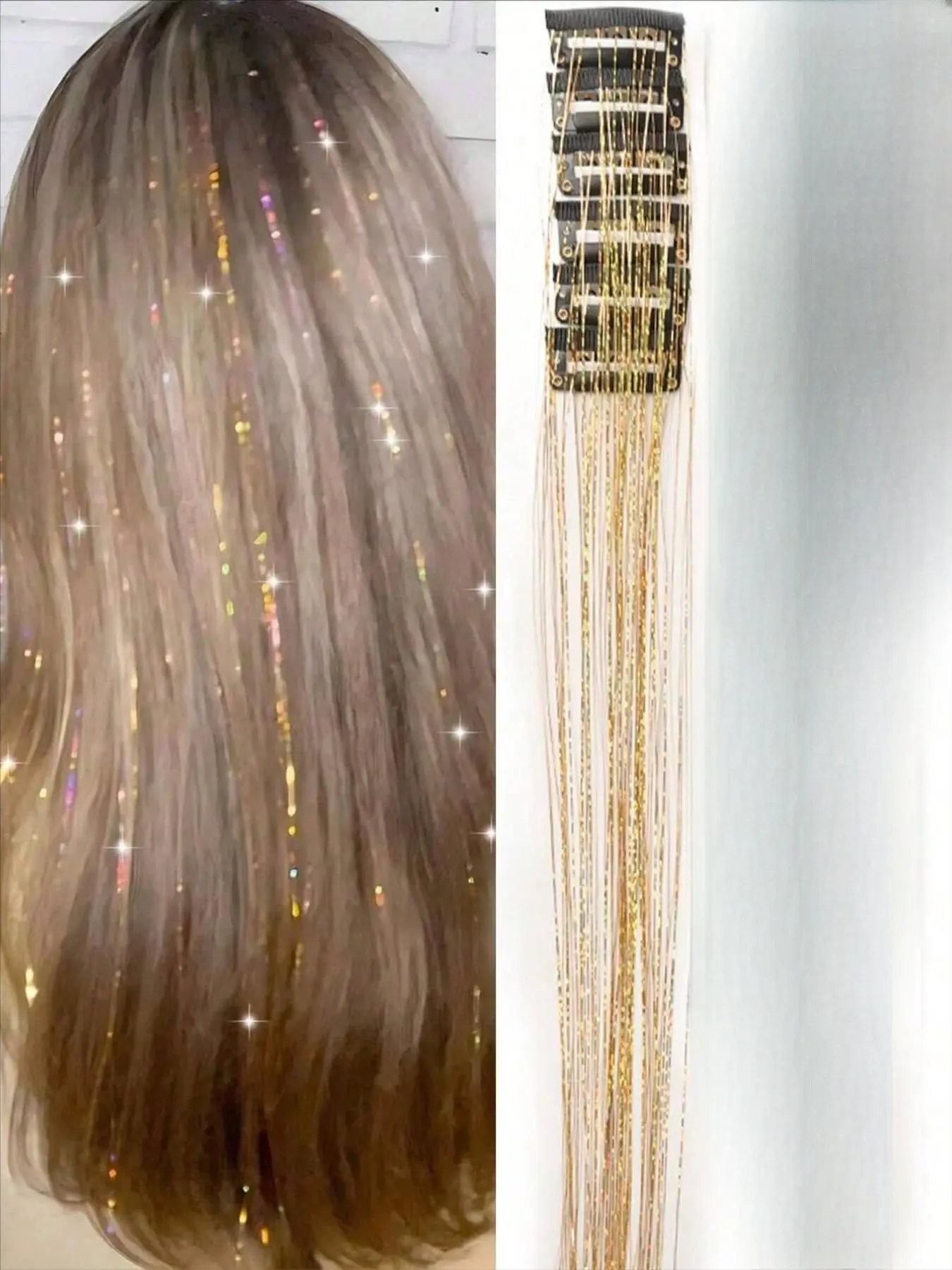 Women's Glitter Fringe Hair Clips Set, Ribbon, Straight Hair Extensions, Horse tail extension, Daily Wear, Party, Dance, Headwear, Women's Accessories, Hairpieces