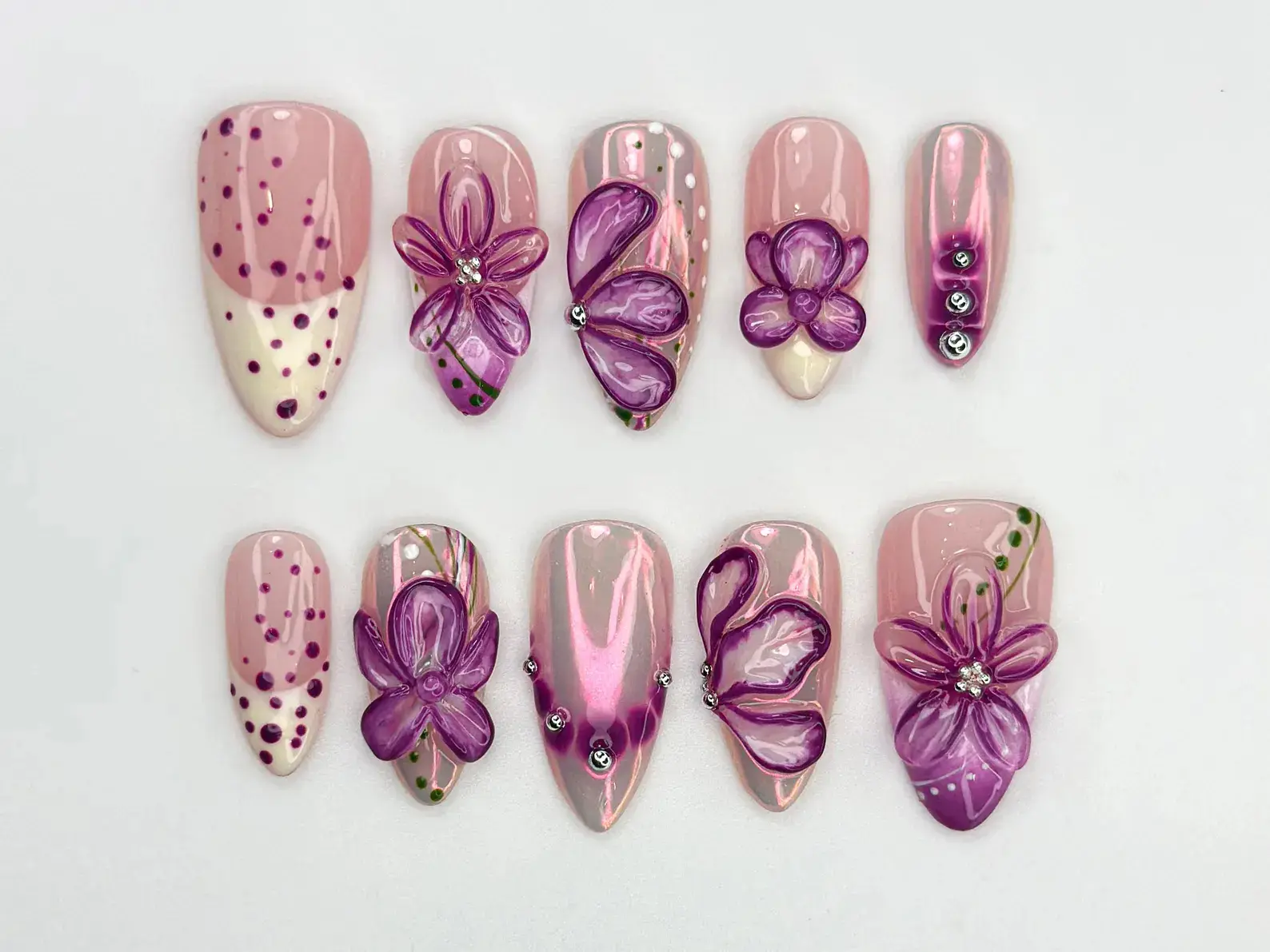 Glossy Purple Flower Press On Nails | 3D Floral Chrome Nails | Handmade Long Nails | Sparkling Violet Flower Tips| Elegant Nail Set